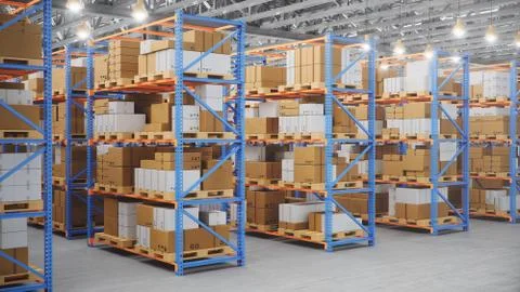 Warehouse with cardboard boxes inside on pallets racks, logistic center. Huge Stock Illustration