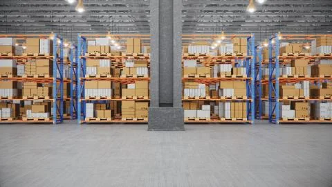 Warehouse with cardboard boxes inside on pallets racks, logistic center. Huge Stock Illustration