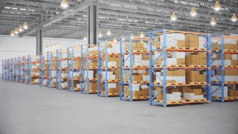 Warehouse with cardboard boxes inside on pallets racks, logistic center. Huge Stock Illustration