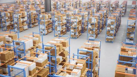 Warehouse with cardboard boxes inside on pallets racks, logistic center. Huge Stock Illustration