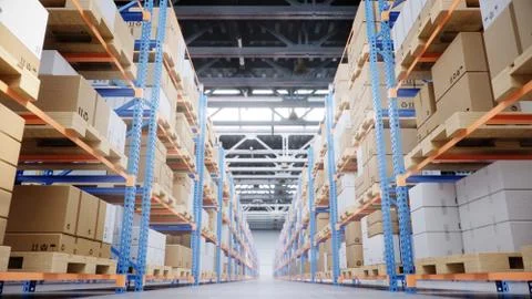 Warehouse with cardboard boxes inside on pallets racks, logistic center. Huge Stock Illustration