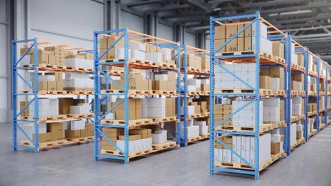 Warehouse with cardboard boxes inside on pallets racks, logistic center. Huge Stock Illustration
