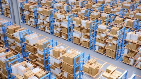 Warehouse with cardboard boxes inside on pallets racks, logistic center. Huge Stock Illustration