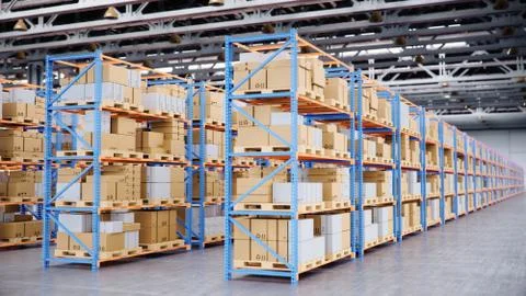 Warehouse with cardboard boxes inside on pallets racks, logistic center. Huge Stock Illustration