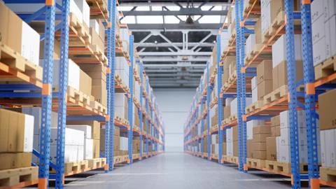 Warehouse with cardboard boxes inside on pallets racks, logistic center. Huge Stock Illustration