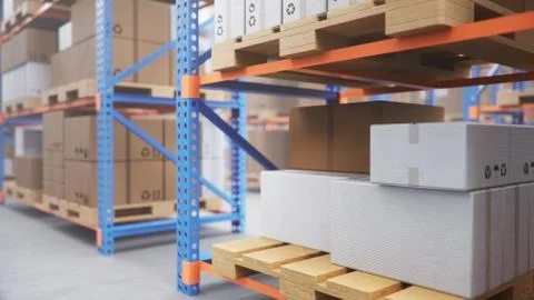 Warehouse with cardboard boxes inside on pallets racks, logistic center. Huge Stock Illustration