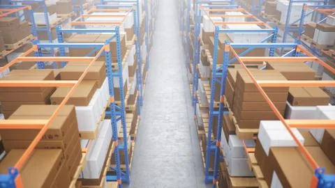 Warehouse with cardboard boxes inside on pallets racks, logistic center. Huge Stock Illustration