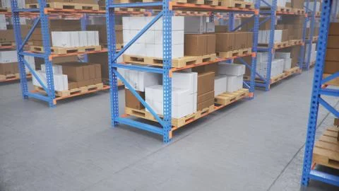 Warehouse with cardboard boxes inside on pallets racks, logistic center. Huge 스톡 일러스트