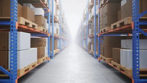 Warehouse with cardboard boxes inside on pallets racks, logistic center. Huge Stock Illustration