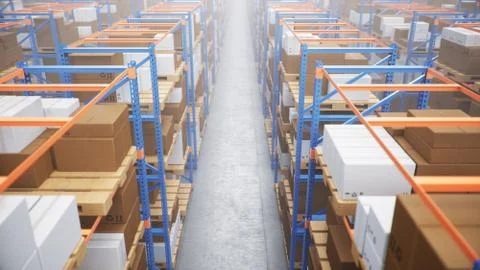 Warehouse with cardboard boxes inside on pallets racks, logistic center. Huge Stock Illustration