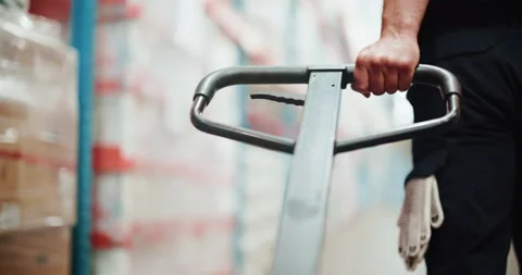 Warehouse, cargo and hands with pallet truck, loader and restock for goods Video stock 326094234
