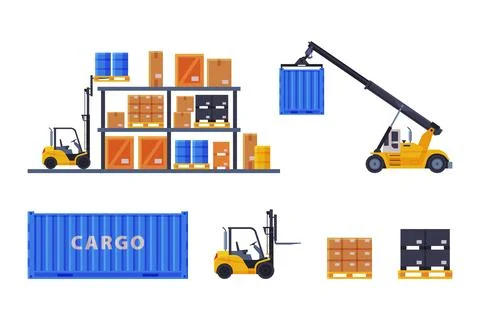 Warehouse with Cargo Container, Forklift Loader and Rack with Cardboard Box Stockillustratie