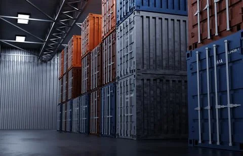 Warehouse with cargo containers. Stack of shipping containers for storage Stock Illustration