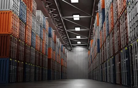 Warehouse with cargo containers. Stack of shipping containers for storage Stock Illustration