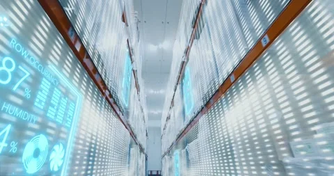 Warehouse cargo drones work in a large multi-level cold storage warehouse. Cold Stock Footage 318068069