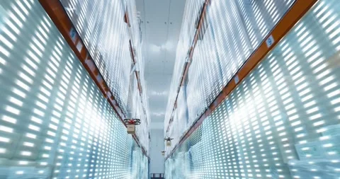 Warehouse cargo drones work in a large multi-level cold storage warehouse. Cold Stock Footage 319183523