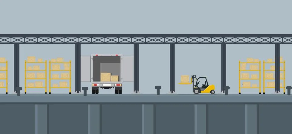 A warehouse with cargo postal department loader with boxes vector illustratio Ilustración de archivo