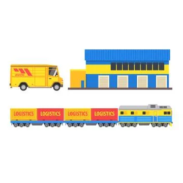 Warehouse, Cargo Train And Bus Illustrazione stock