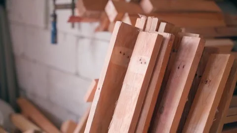 Warehouse in a carpenter's workshop with different boards, smooth camera Stock Footage 278535783