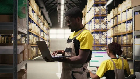 Warehouse clerk inspecting boxes details on shelving units in distribution hub Stock Footage 315542570