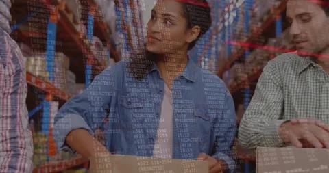 Warehouse colleagues packing boxes at logistics hub, while animated code overlay Stock Footage 330584300