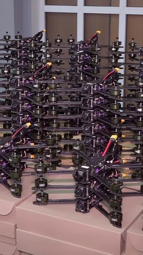 Warehouse of combat FPV drones for war. Stock Footage 305998704