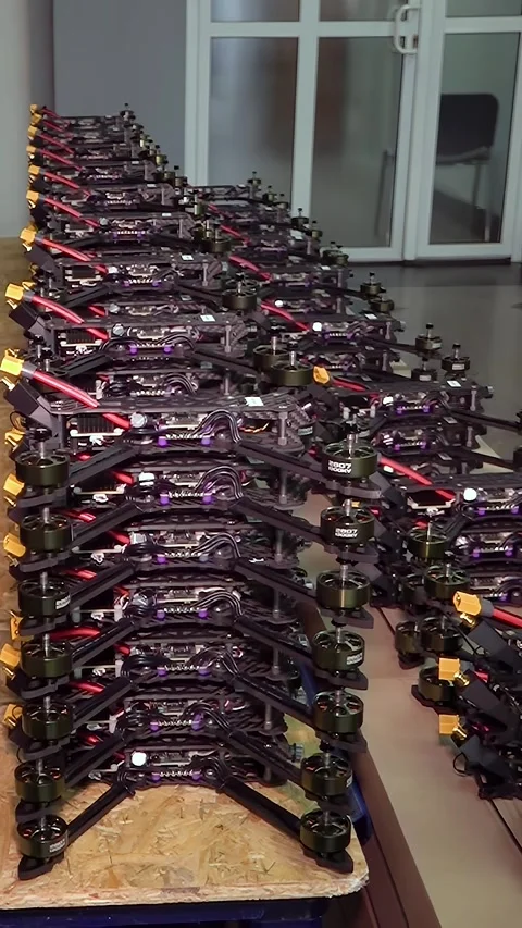 Warehouse of combat FPV drones for war. Stock Footage 305998710