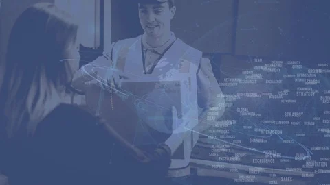 Warehouse Composition of Delivery man handing over a parcel to a woman combined Stock Footage 98085750
