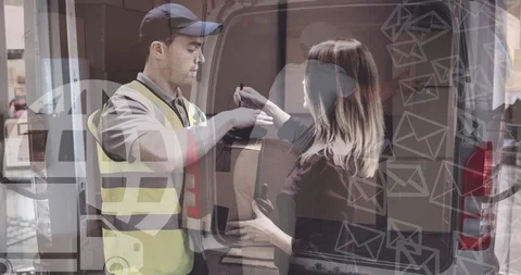 Warehouse Composition Man packing parcels into a van combined with parcel Stock Footage 98088207