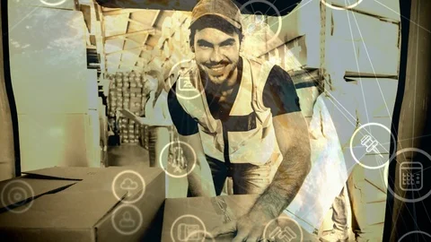 Warehouse Composition of Parcel delivery combined with animated earth and icons Stock Footage 98080724