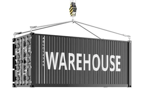 Warehouse concept, cargo container lifted by crane, 3d rendering Stock Illustration