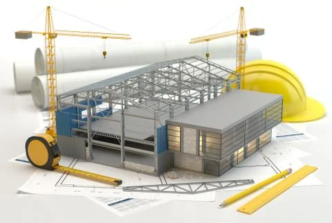 Warehouse construction, 3D illustration Stockillustratie