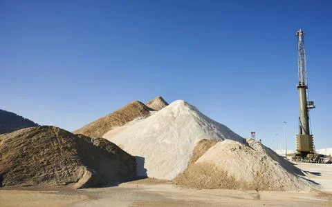 Warehouse of construction materials, sands of different types and colors 스톡 사진