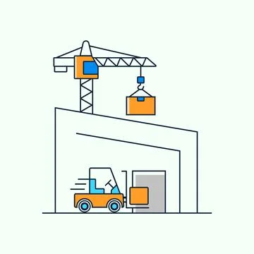 Warehouse construction scene with crane lifting box and forklift, constructio Illustrazione stock