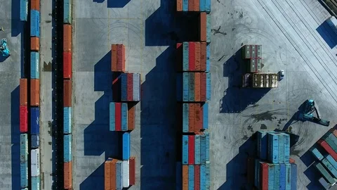 Warehouse with containers. Container Handler unload the train. aerial view Stock-Footage 97532505