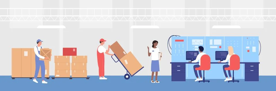 Warehouse control process vector illustration, cartoon flat operator characters Illustration