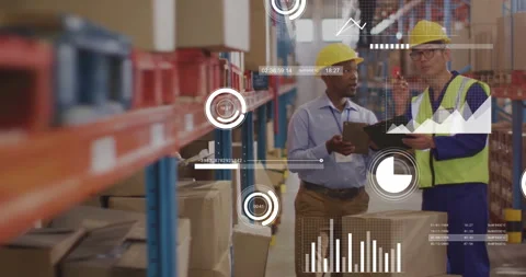 Warehouse crew comparing digital devices data causing animated charts and dials Stock Footage 310459668