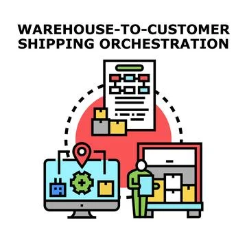 Warehouse to customer shipping orchestration concept Stock Illustration