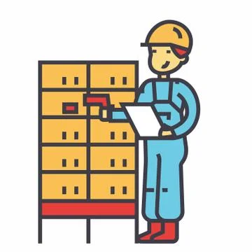 Warehouse, delivery man, checking bar code on post boxes concept. Illustrazione stock