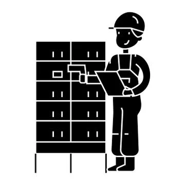 Warehouse, delivery man checking barcode on post boxes  icon, vector illustratio Illustrazione stock