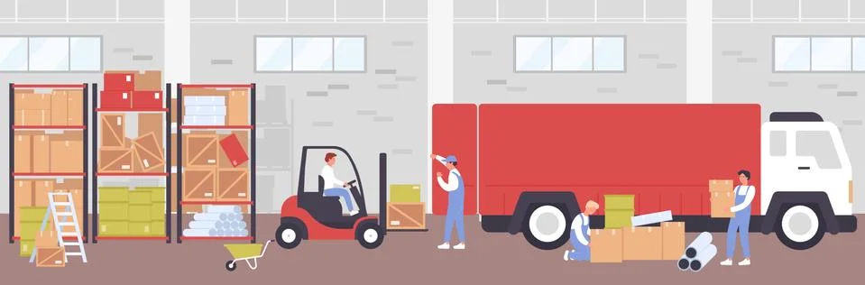 Warehouse delivery process vector illustration, cartoon flat worker people using Illustrazione stock