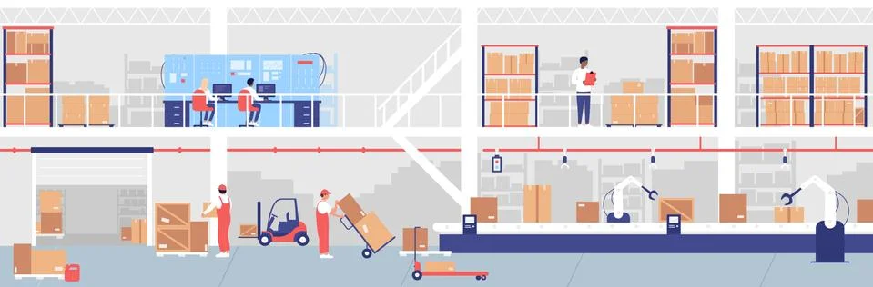 Warehouse delivery process vector illustration set, cartoon flat worker or Stock Illustration