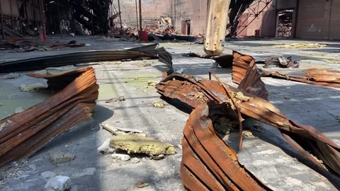 A warehouse destroyed by shells and explosions in Kyiv region, subjective camera Stock Footage 246626828