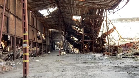A warehouse destroyed by shells in the Kyiv region, Subjective camera Stock Footage 246590828