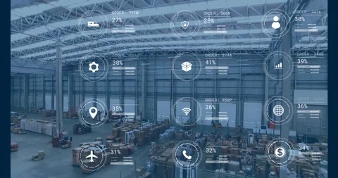 Warehouse with digital data animation overlaying logistics and inventory Stock Footage 305293243
