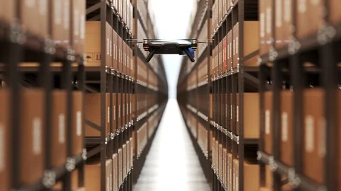 "Warehouse drone scanning QR codes on the cardboard boxes in a metal shelf." Stock Footage 98952509