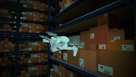 Warehouse drone scanning QR codes on the cardboard boxes in a metal shelf Stock Footage 275050126