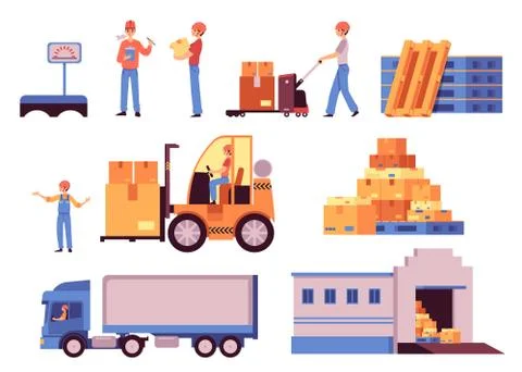 Warehouse elements - flat isolated cartoon set of storage facility building Stock Illustration