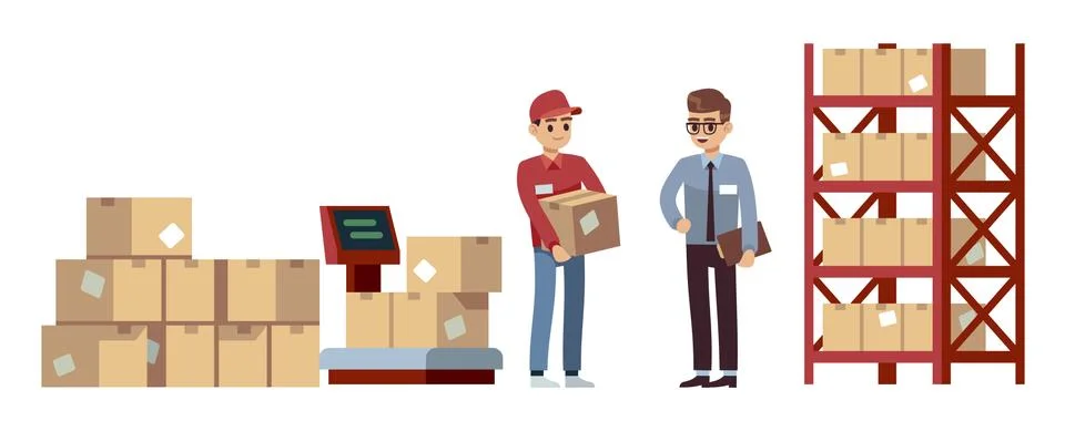 Warehouse elements. Operations, acceptance and goods moving, beige cardboard box Stockillustratie