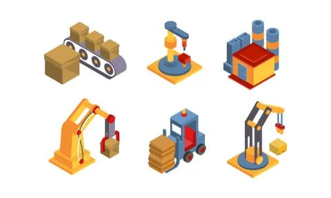 Warehouse elements set, intelligent manufacturing, robotic arm, delivery and 스톡 일러스트